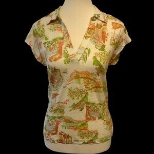 CYNTHIA ROWLEY 100% LINEN TROPICAL PRINT CAP SLEEVE V-NECK COLLARD SHIRT/ Size M